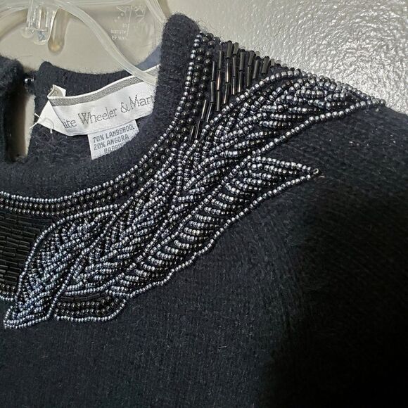 White Wheeler & Martha Sweater Size Medium Black Lambswool Angora Embellished - Picture 4 of 12